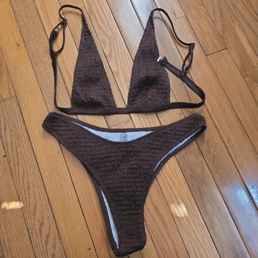 Brown Textured Bikini Set